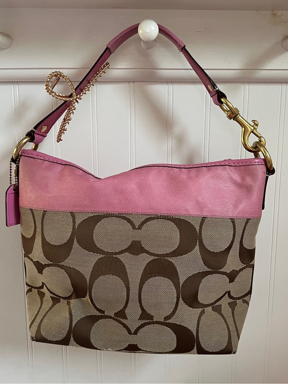 Coach Hobo Bag Medium Pink Khaki Signature Monogram Satin Leather 11957 - Picture 3 of 16